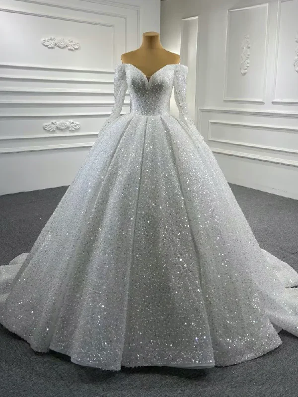 Women's Stylish Vacation Attire Seasonal Trend Gorgeous Off the Shoulder Sparkly Ball Gown Sequin Wedding Dresses with Sleeves