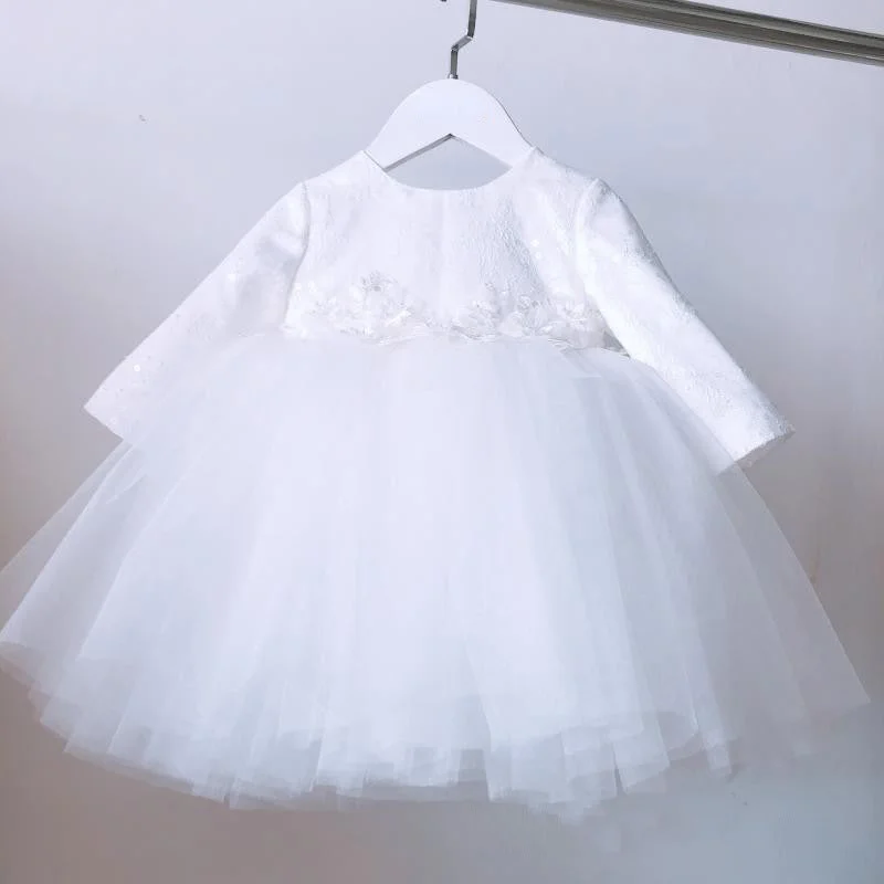 Women's Seasonal Garments Classic Charm Baby Girl Christening Dress Long Sleeve Bow Princess Dress