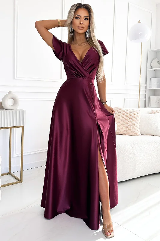 Sustainable Fashion Clothing For Women Sophisticated Cut CRYSTAL satin long dress with a neckline - Burgundy color