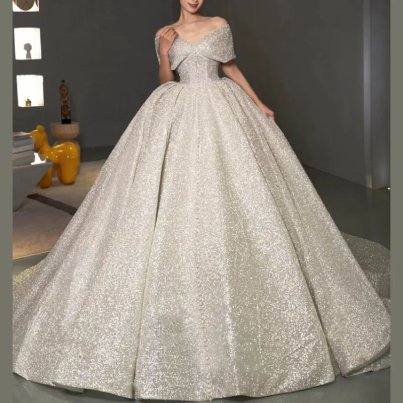 Women's Comfortable Garments Elegant Contour Off Shoulder Puff Skirt Ball Gown Sparkly Bridal Wedding Dress