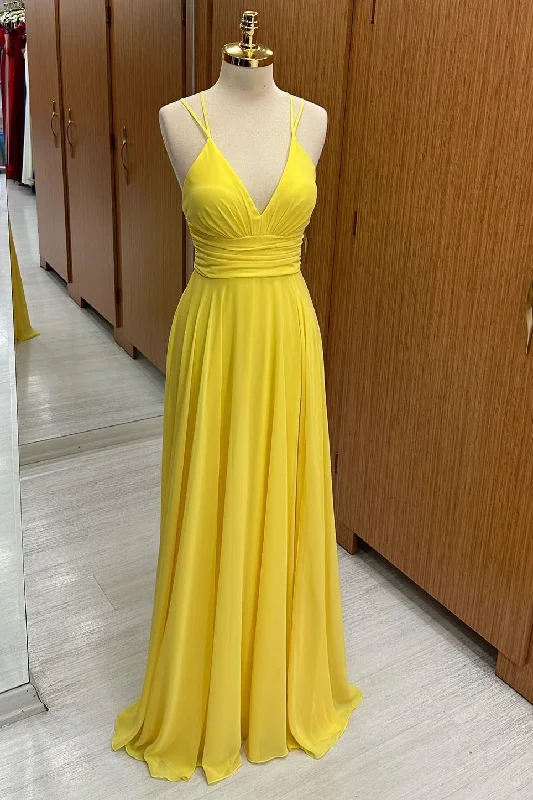 Women's Formal Apparel Great Deals On Ethnic Cultural Wear V-Neck Cross Back Chiffon Bridesmaid Dress in Yellow