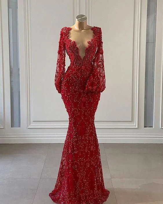 Women's Functional Outdoor Garments Fashion-Forward Style Red Prom Dress long Prom Dresses Long Sleeve Lace Mermaid Evening Gowns Y69