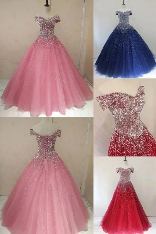 Women's Holiday Attire Flowy Fabric Ball Gown Off-the-shoulder Pink Sparkly Prom Dress Beaded Evening Dress    cg19382