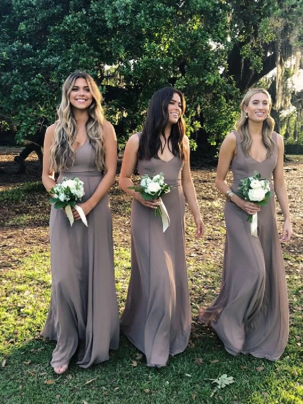 Women's Garments Feminine Elegance V-neck Long A-line Chiffon Bridesmaid Dresses, Long Bridesmaid Dresses, Simple Bridesmaid Dresses