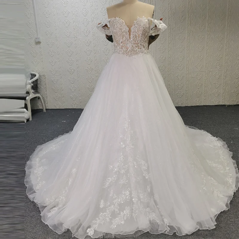 Women's Chic Outerwear Attire Soft Textures Off Shoulder Sparkly Tulle Ballgown A-Line Wedding Dresses