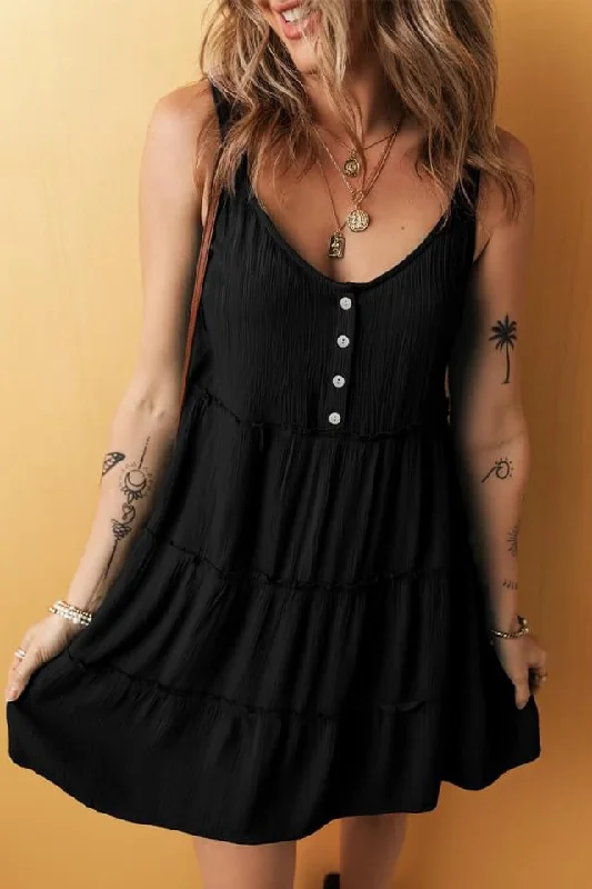 Women's High-Fashion Attire Effortless Comfort Black Button V Neck Frilly Tiered Sleeveless Dress