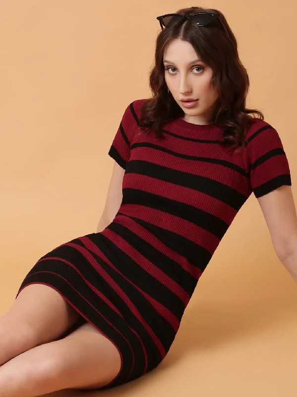 Women's Clothes For Special Occasions Graceful Movement Women Maroon Striped Bodycon Dress-TG-1260-Maroon