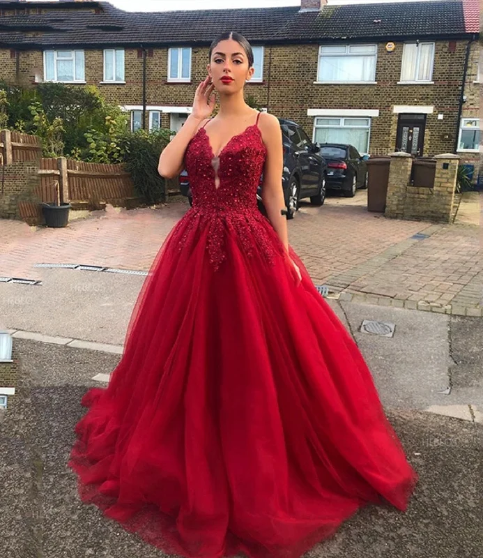 Women's Formal Event Clothing Luxury Style RED LACE LONG BALL GOWN PROM DRESS A LINE EVENING DRESS    cg18605