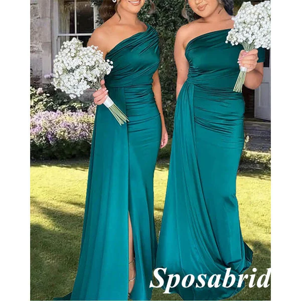 Women's Apparel Big Savings On Minimalist Office Styles Sexy Soft Satin One Shoulder Side Slit Mermaid Floor Length Bridesmaid Dresses With Trailing, BD3294