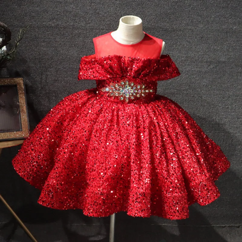 Stylish Women's Outerwear Apparel Effortless Style Girl Formal Dresses Cute Beauty Pageant Sequins Long Sleeve Princess Dresses