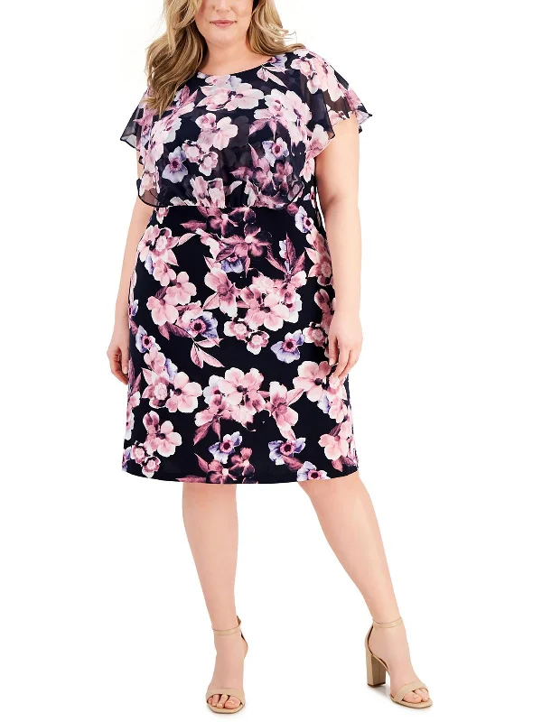 Women's Luxury Attire Polished Finish Plus Womens Floral Print Knee-Length Wear to Work Dress