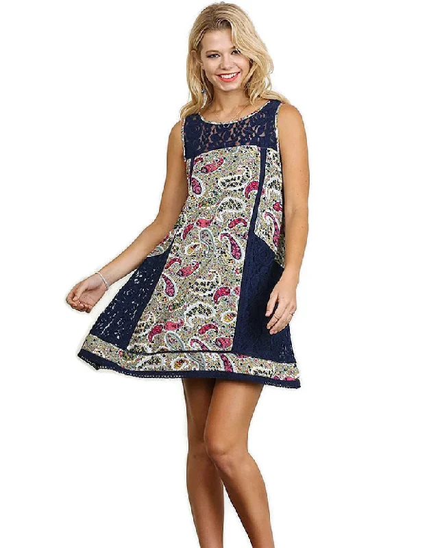 Women's Luxury Apparel Flowing Silhouette Paisley & Lace Sleeveless Dress, Navy