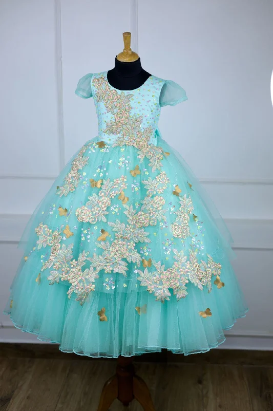 Vintage-Inspired Women's Apparel Feminine Elegant Pre-Order:  Aqua Green Firefly Princess Gown With LED lights And  Multicolor Lace embellishments