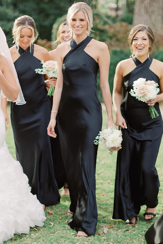 Women's Occasion Wear Clothing Casual Elegance Black Halter Cutout Back Long Bridesmaid Dress