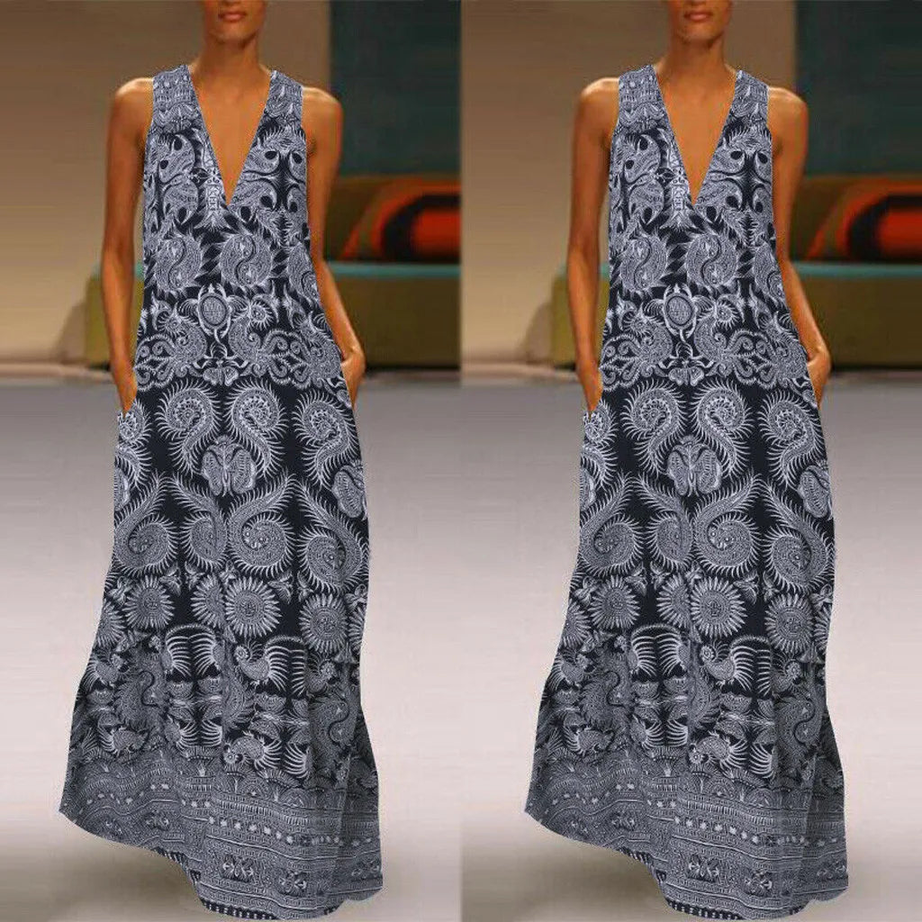 Women's Cozy Clothes Effortless Sophistication JuliaFashion - Vintage Printed SunCasual Long Vestidos Sleeveless Deep V Neck Party Robe Femme Dress