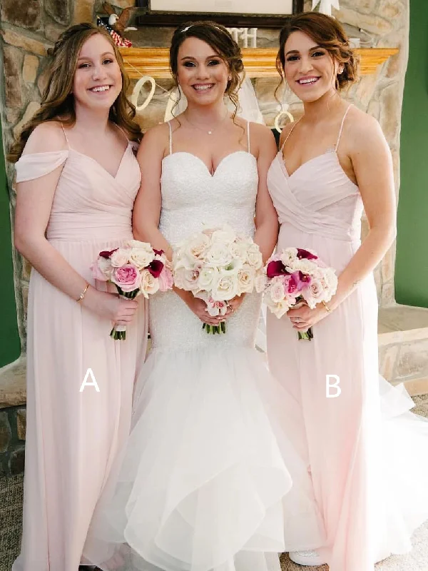 Women's Outdoor Attire Effortless Style Mismatched Long A-line Blush Pink Chiffon Bridesmaid Dresses, Long Bridesmaid Dresses, Simple Bridesmaid Dresses