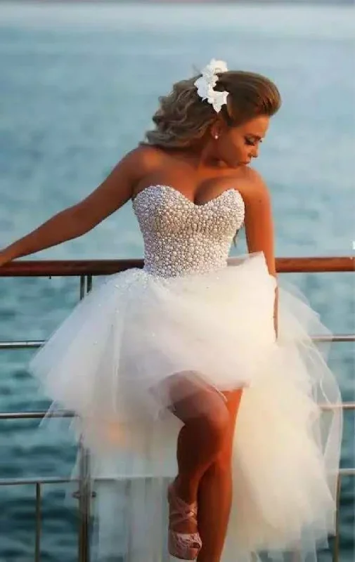 Women's Workout Clothing Feminine Allure A Line Sweetheart Short Beach Pearl Hi-Lo Tulle White Wedding Dresses