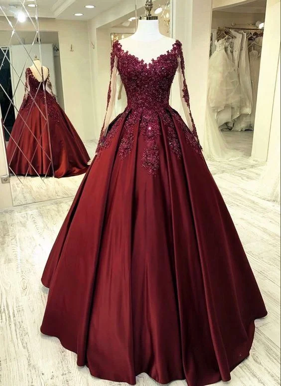 Women's High-Fashion Clothes Dreamy Draping Long Sleeves Ball Gown Lace Appliques Prom Dresses Burgundy Evening Dress