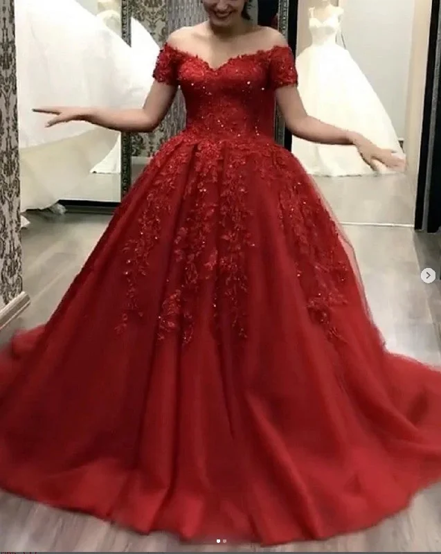 Classic Women's Apparel Exquisite Craftsmanship Off the Shoulder Red Wedding Dresses Ball Gown Lace Quinceanera Dresses