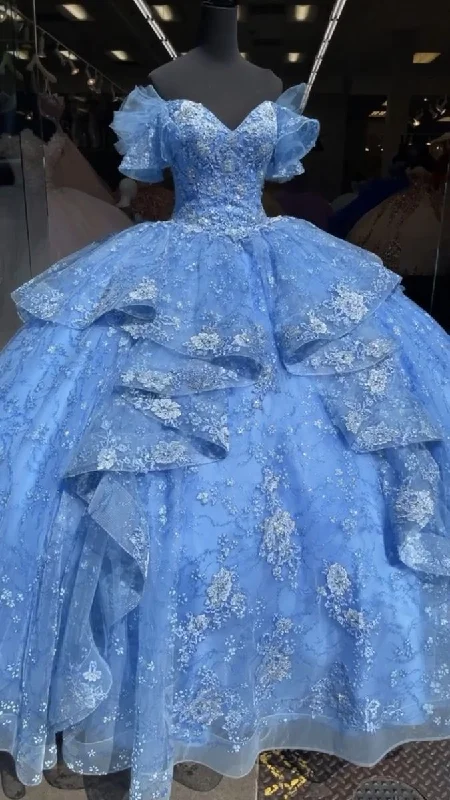 Charming Women's Garments Everyday Glamour Luxurious Blue Lace Tulle Ball Gown,Blue Sweet 16 Dress,Quinceanera Dress Y4510