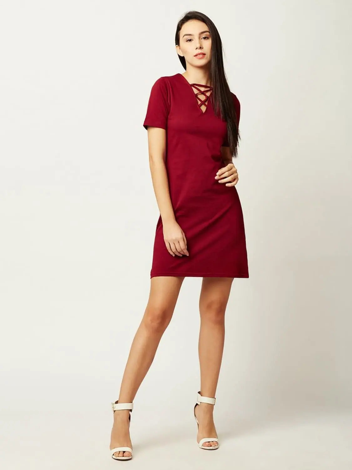 Women's Wardrobe Apparel Summer Fashion New Love Criss Cross Bodycon Dress Maroon