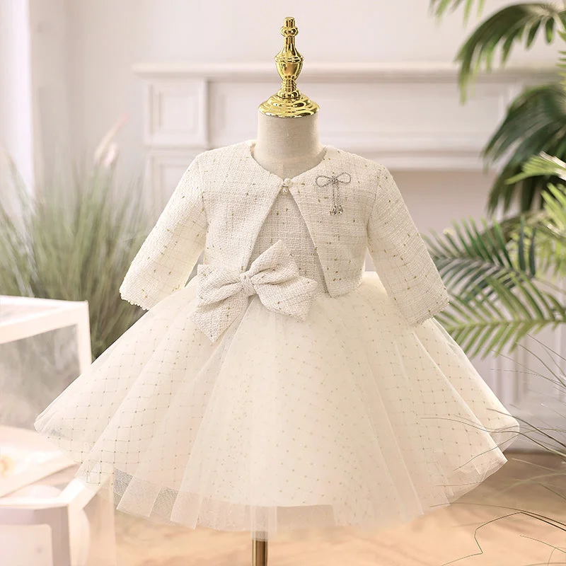 Women's Vacation Outfit Set Art Deco Geometric Pattern Look Baby Girl Birthday Party Dresses Girl Winter White Long Sleeve Puffy Formal Dresses