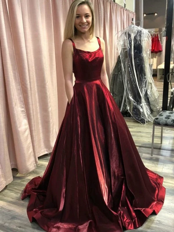 Women's Activewear Attire Today Only A Line Spaghetti Straps Backless Burgundy Satin Long Prom Dresses with Pocket, Burgundy Formal Dresses, Burgundy Evening Dresses