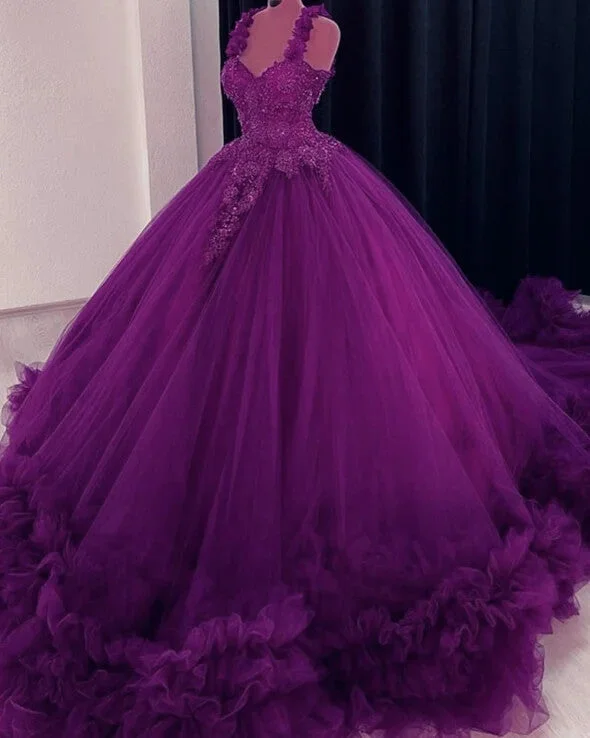 Women's Outerwear Attire Graceful Cut Sweetheart Dark Purple Lace Tulle Ball Gown Wedding Dresses Sleeveless