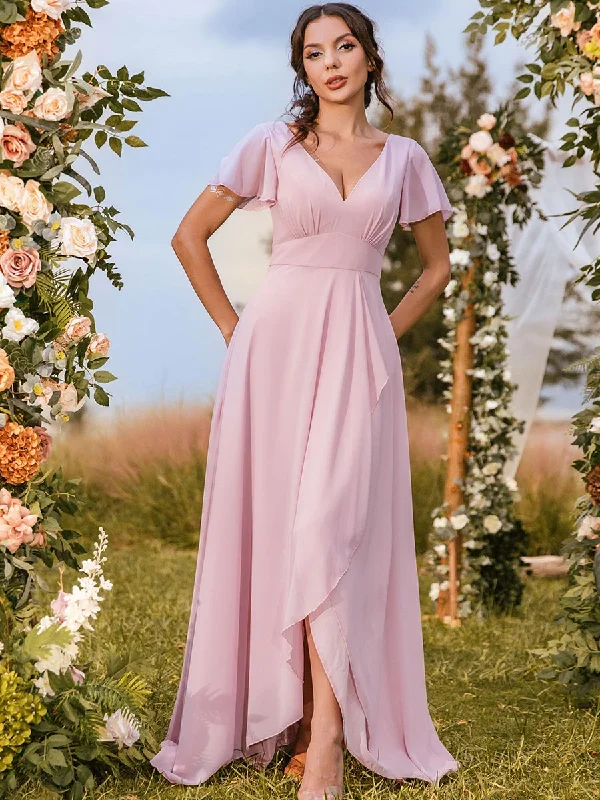 Women's Clothes Everyday Glamour Pink Chiffon Bridesmaid Dresses Petite Garden V Neck