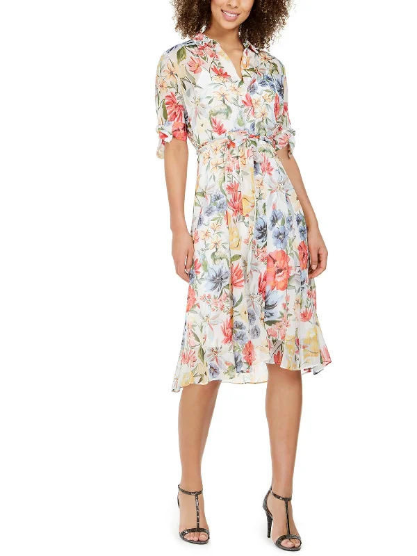 Women's Tailored Outfit Final Clearance Womens Floral Print Midi Shirtdress