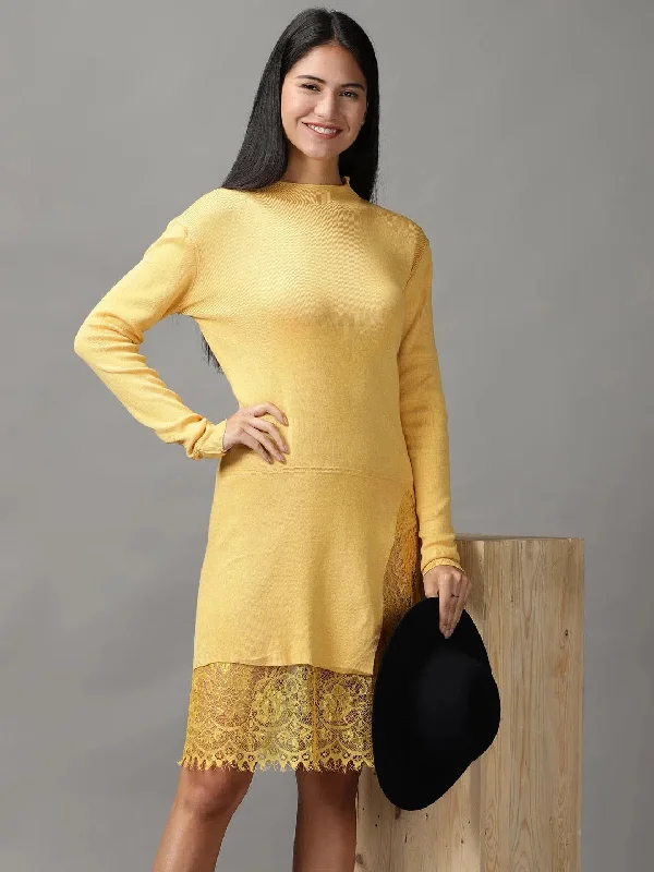 Women's High-Fashion Apparel Refined Look Women's Yellow Solid Bodycon Dress-GF-17-Yellow