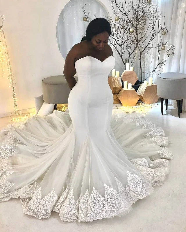 Fashion-Forward Women's Clothing Feminine Elegance Cheap Plus Size Wedding Dresses Satin Mermaid Lace Appliques Bridal Dress