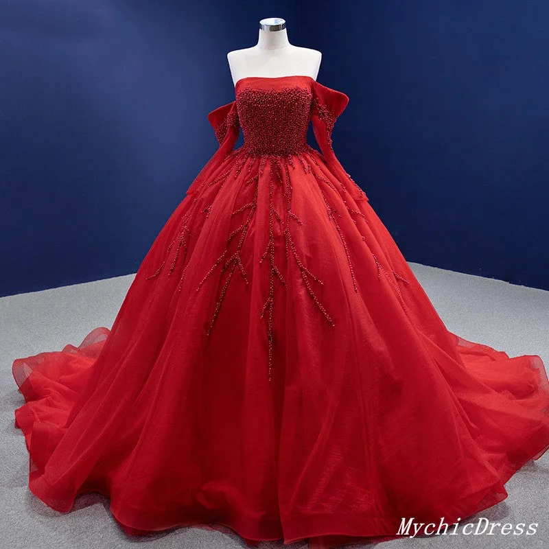 Women's Travel Garments Casual Weekend Relaxed Style Crystal Long Sleeve Red Quince Dresses Off Shoulder Pearls Wedding Dress