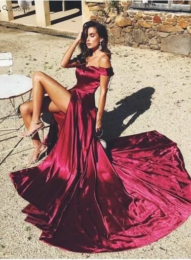 Casual Chic Women's Clothes Coastal Beach - Inspired Style Red Sexy Off Shoulder Side Slit Sweep Train Prom Gown cg1937