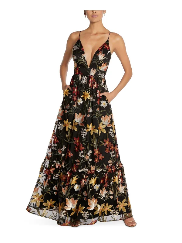 Women's Clothes And Apparel Romantic Flair Womens Metallic Floral Evening Dress