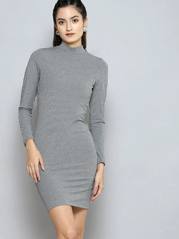 Women's Casual Apparel For Weekends Feminine Allure Women Grey Rib High Neck Short Bodycon Dress