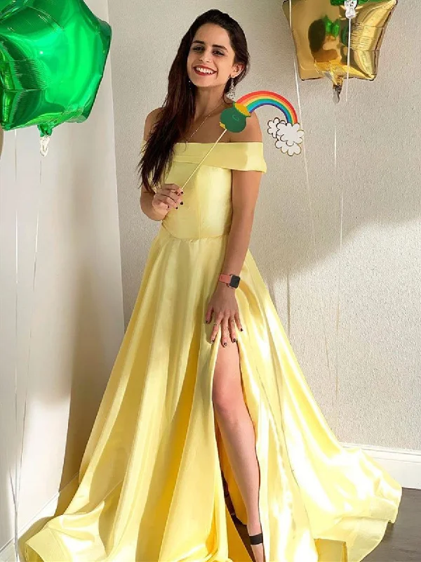 Women's Stylish Outdoor Outfit Casual Weekend Relaxed Style Simple Off Shoulder Yellow Satin Long Prom Dresses with Slit, Off Shoulder Yellow Formal Dresses, Yellow Evening Dresses