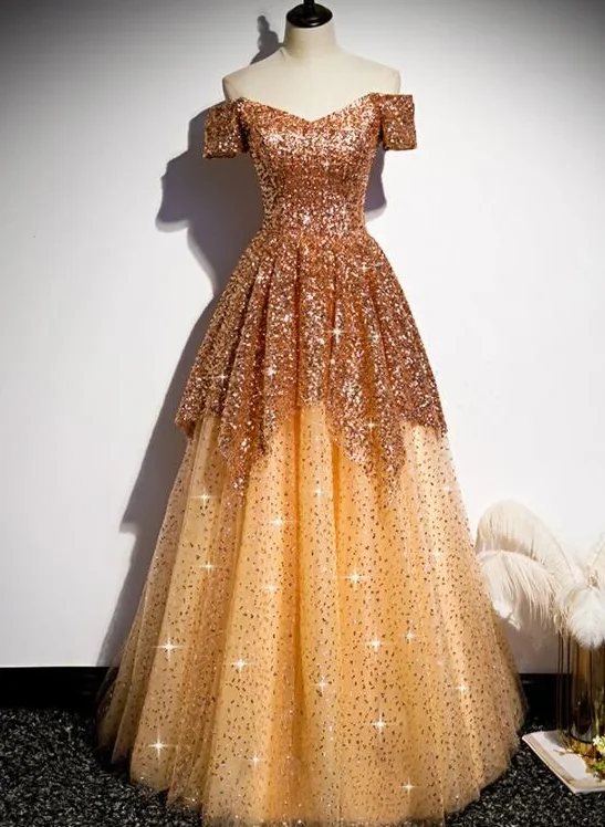 Tailored Clothing For Women Artful Design Gorgeous Gold Sequins Long Formal Gown, A-Line Golden Tulle Prom Dress   cg18539