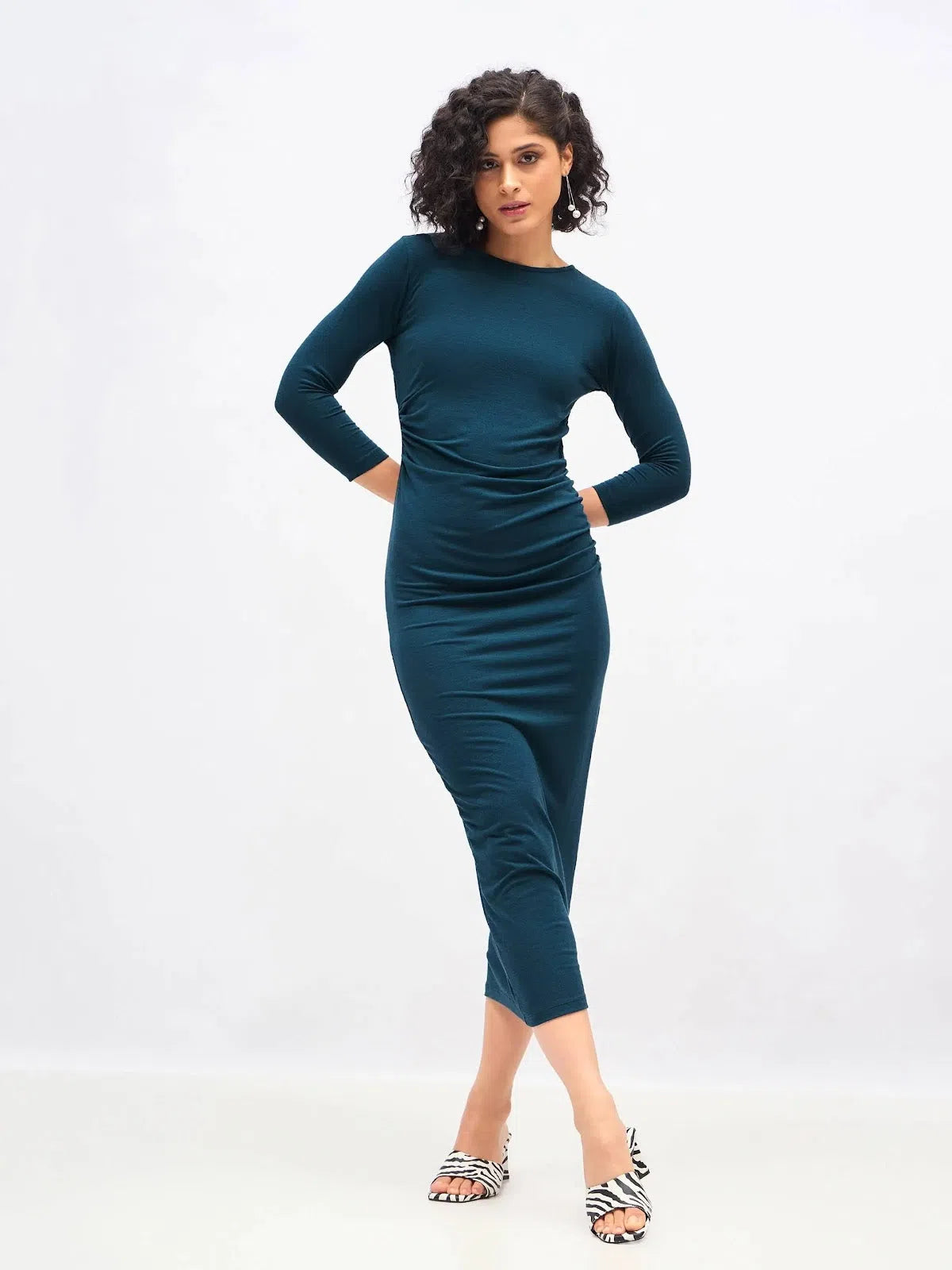 Women's Clothing For Outdoor Activities Contemporary Elegance Women Teal Waist Ruched Bodycon Maxi Dress