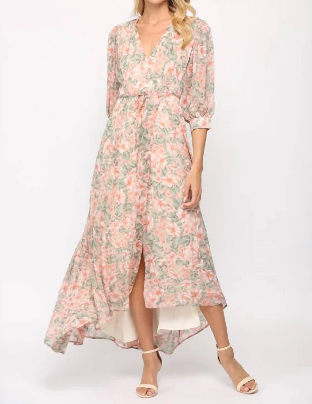 Women's Party Clothes Chic Allure Floral Print Wrap Dress in Cream/Coral