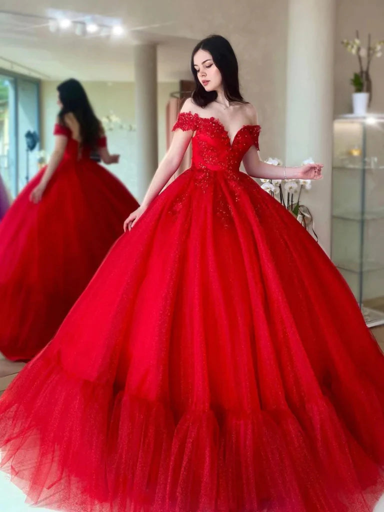 Women's Casual Apparel For Weekends Luxury Style 2025 Red Wedding Dresses Lace Off Shoulder Beaded Tulle Long Quince Dresses Sequin