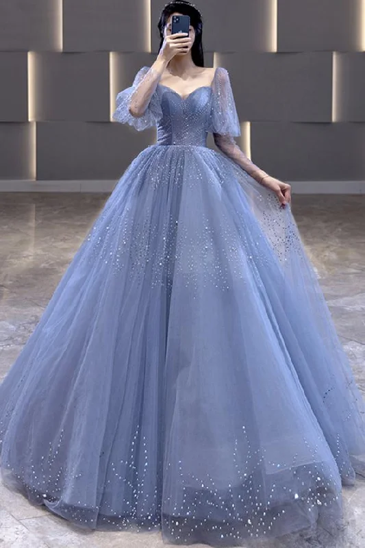 Women's Athletic Garments Graceful Drape Blue tulle long ball gown dress A line formal dress Prom Dress    cg19313