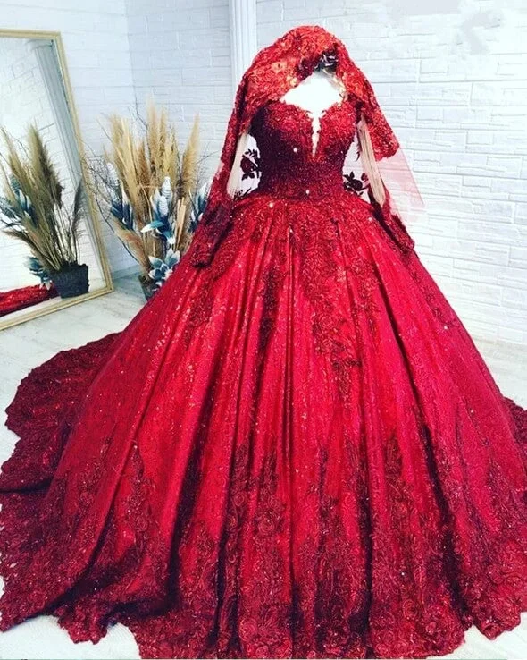 Women's Vacation Attire Exquisite Craftsmanship Ball Gown Long Sleeves Sequins Lace Red Wedding Dress Gliter Quinceanera Dress