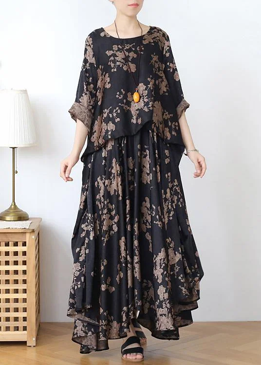 Women's Evening Attire Romantic Flair Loose silk satin wind dress black Chocolate color printing fashion  two-piece goddess big swing skirt