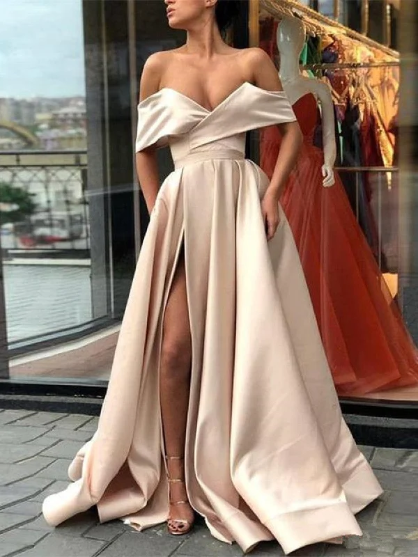 Women's Vintage Attire Elegant Attire Elegant Off Shoulder Satin Champagne Long Prom Dresses with Slit, Champagne Formal Dresses, Evening Dresses