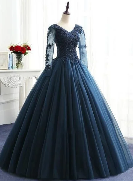 Casual Attire For Women Casual Chic Charming Prom Dress Charming Long Sleeves Navy Blue Tulle Party Gown    cg19487