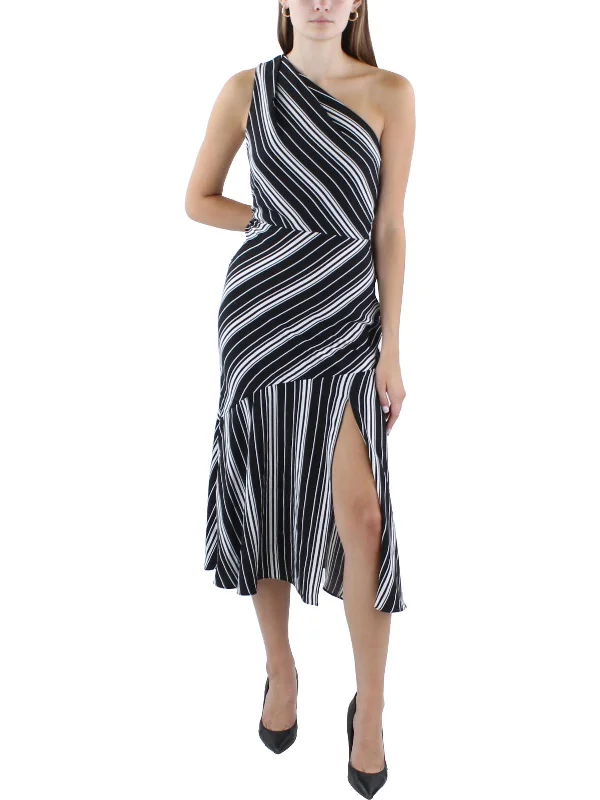 Women's Elegant Outfit Elegant Ensemble Womens One Shoulder Striped Midi Dress