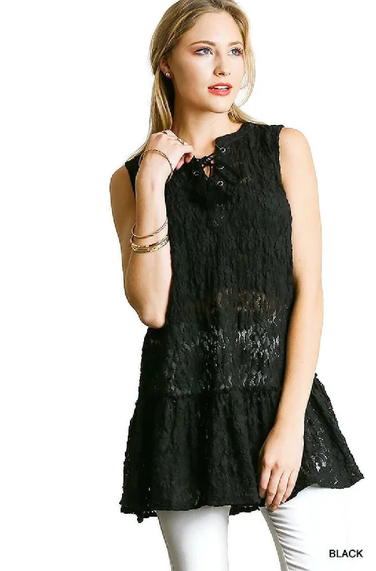 Women's Comfortable Apparel Feminine Allure Lace Up Sleeveless Lace Tunic, Black