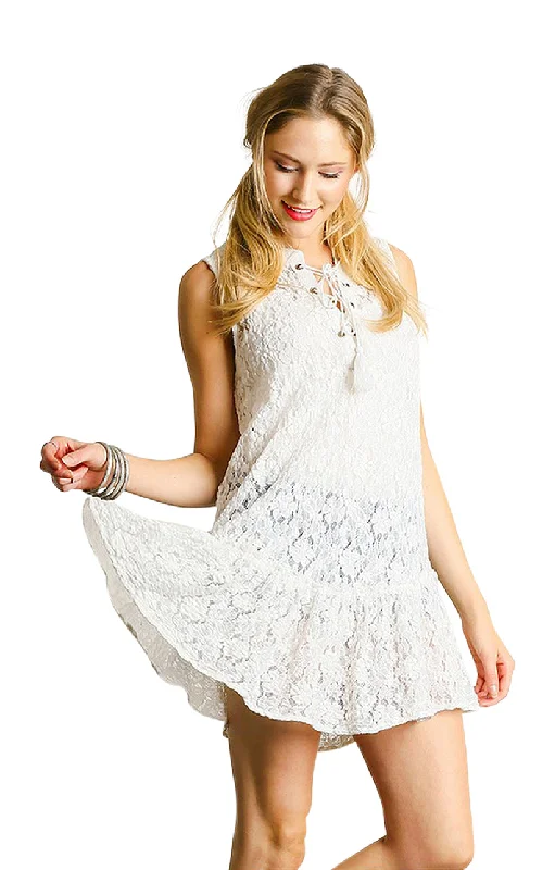 Women's Wardrobe Apparel Modern Glamour Lace Up Sleeveless Lace Tunic,  White