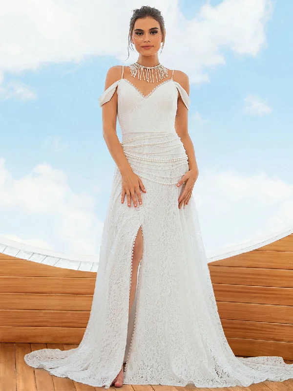 Women's Trendy Garments Sophisticated Cut Off The Shoulder V Neck Wedding Dress Lace Pearl A Line